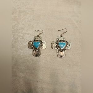 Silver and Blue Heart Cross Earrings